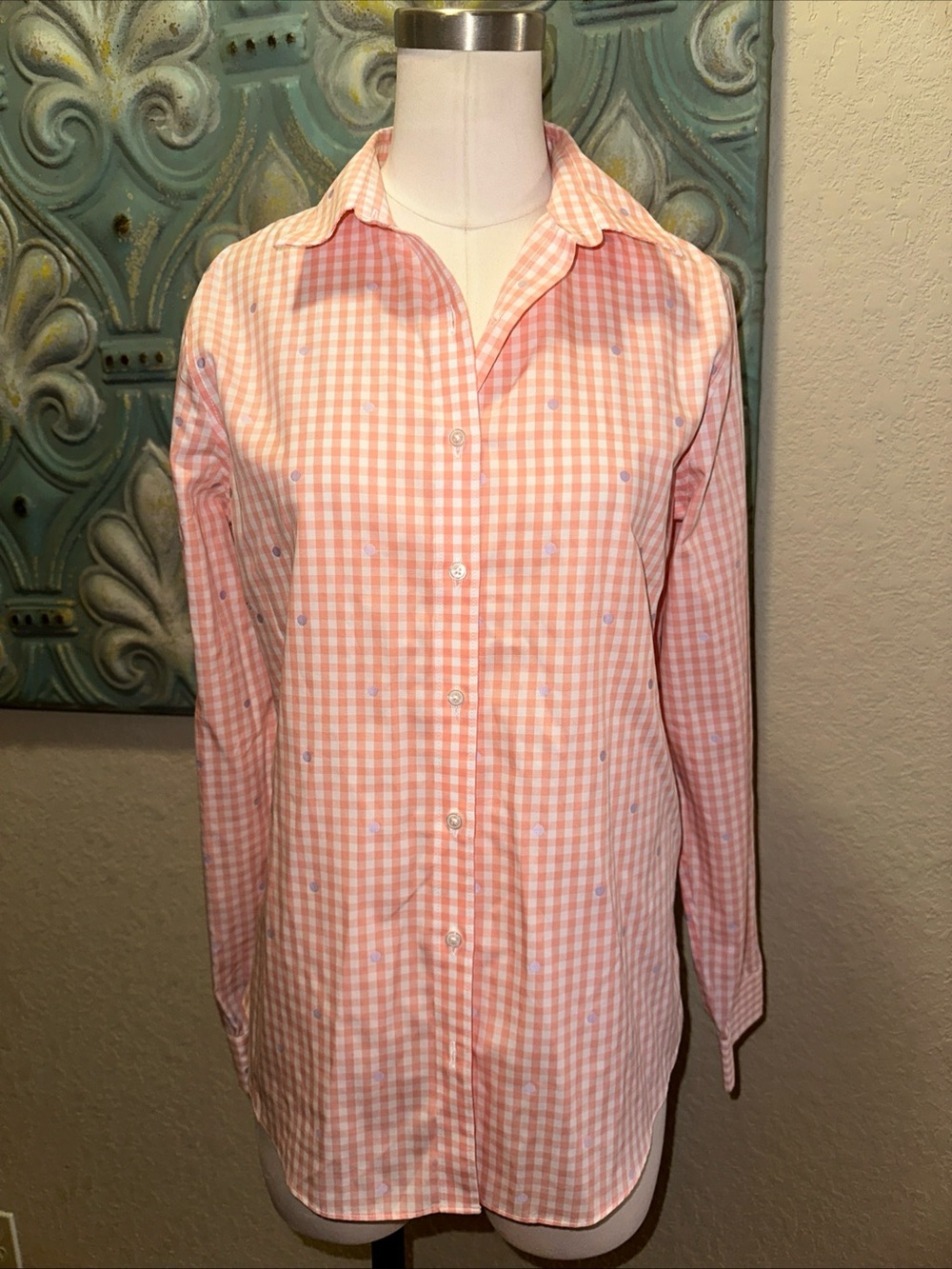 Lands End No Iron Supima Pink White Gingham Shirt Embroidered Polka Dots 6